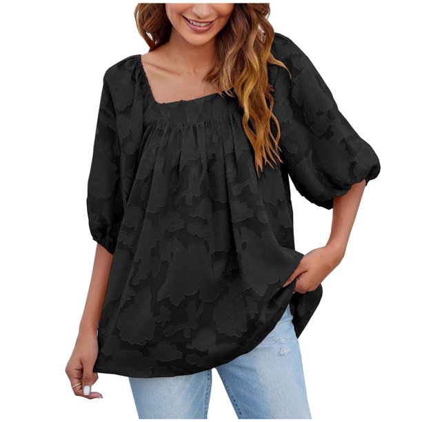 Top de camisa de manga farol con textura floral de chifón con cuello cuadrado de verano a la moda informal y sexy para mujer Pompotops FGAJ2961