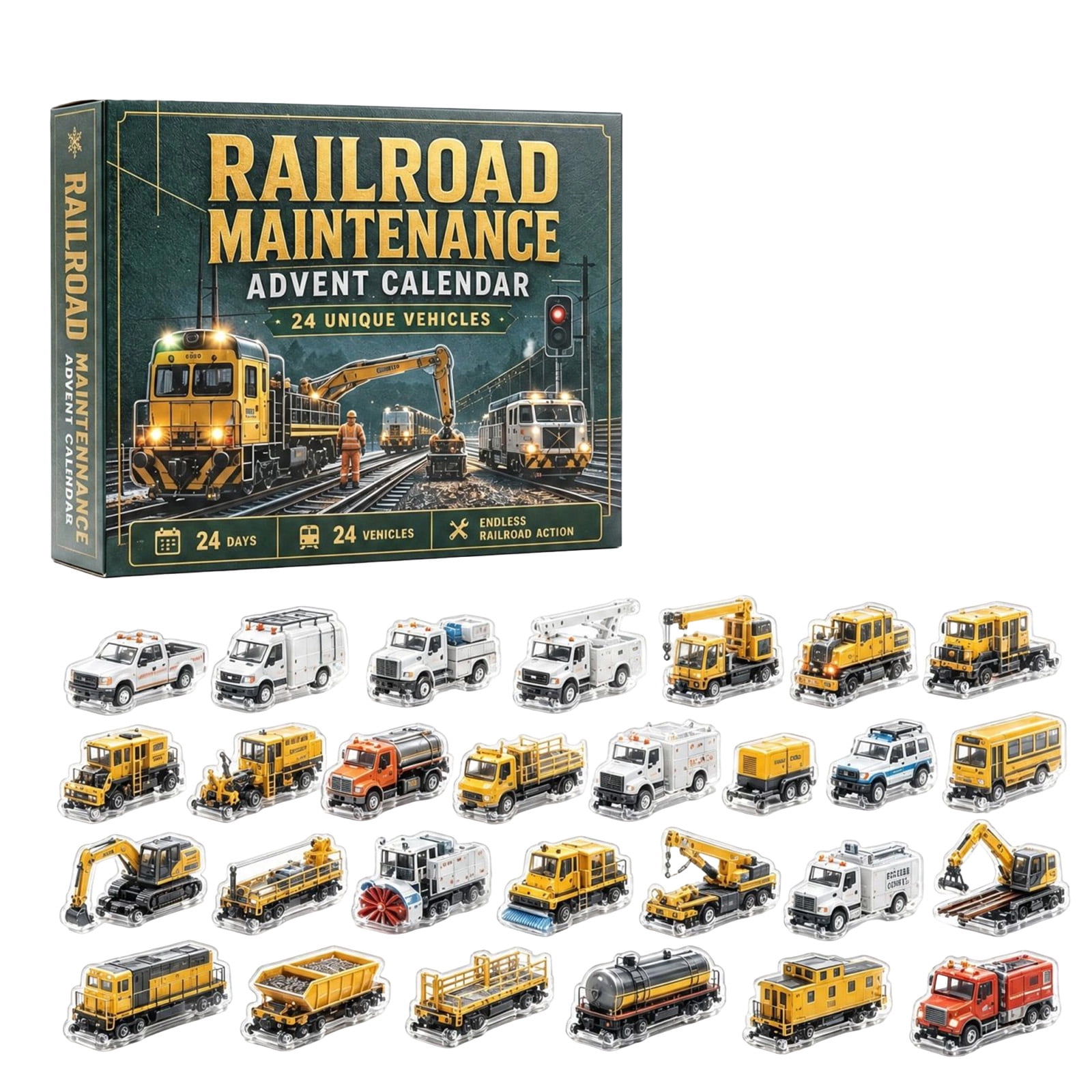 24 Piece Flat Acrylic Railroad Maintenance Vehicle Blind Box Ornaments Advent Calendar Display Set for Collectors