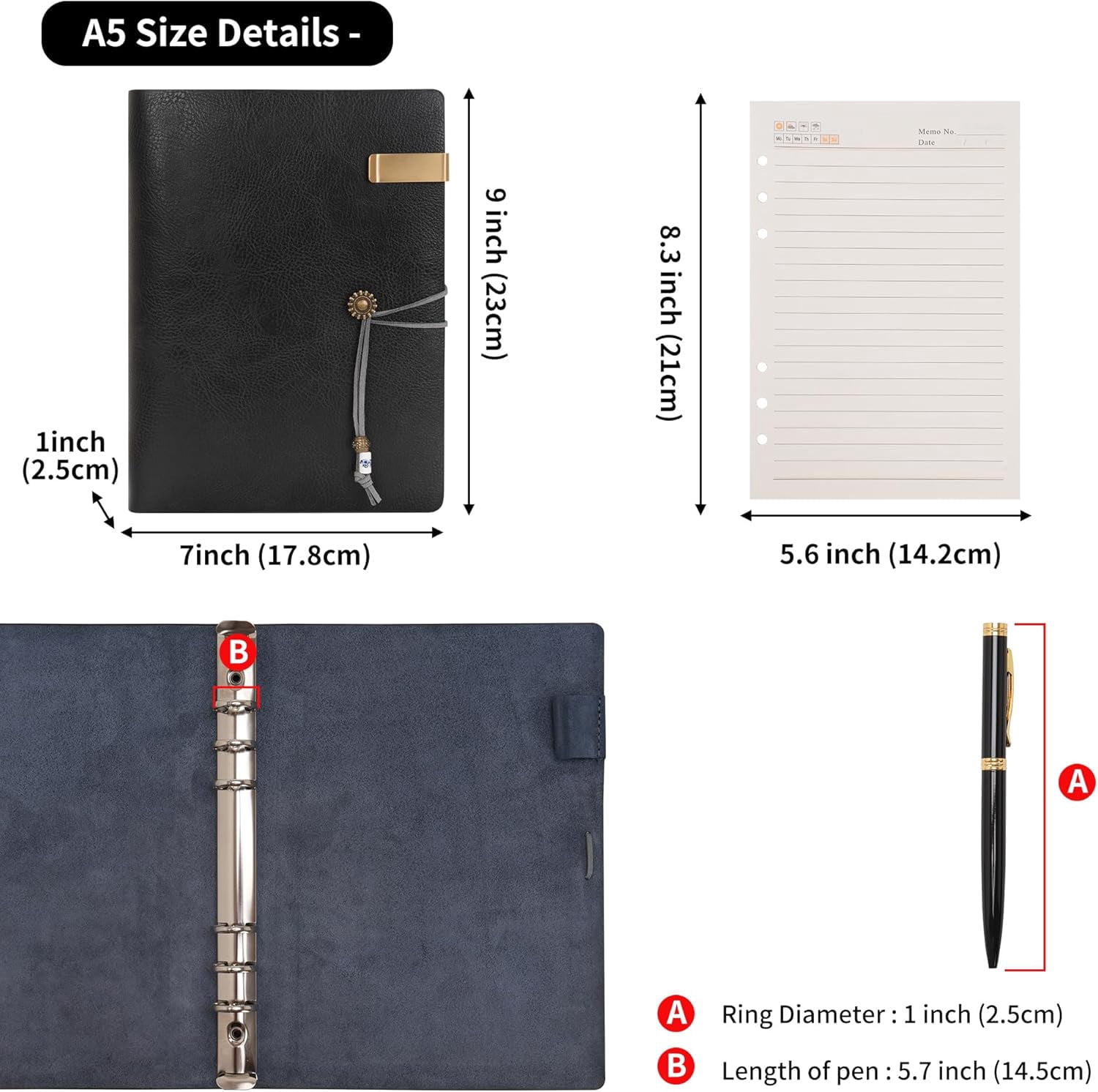 Wonderpool Leather Journal Lined Paper Notebook & Pen - Refillable 6 Ring Binder Writing Spiral Diary with Ruled Notepads Vintage Cover for Office Travel Work and Plan Agenda (a-Black, A5)