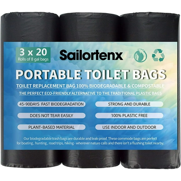 Sailortenx 60 Portable Toilet Bags 100% Compostable 8 Gallon Camping Toilet Bags Use with 5 Gallon Bucket Toilet Waste Bags, Disposable Biodegradable Camping Poop Bags for Outdoor Camping Potty Bags