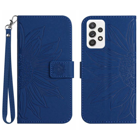 Mantto for Samsung Galaxy A52 5G (6.5") Wallet Case with Wrist Strap,Stylish Sunflower Embossed PU Leather Shockproof Protective Magnetic Clasp Flip Stand Credit Card Slots Phone Cover,Darkblue