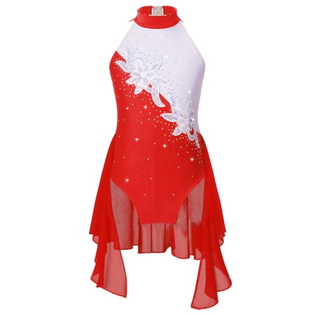 CHICTRY Kid Girls Ballet Gymnastics Leotard Dress Rhinestone Sequins Lyrical Dance Figure Skating Costume A Red 14