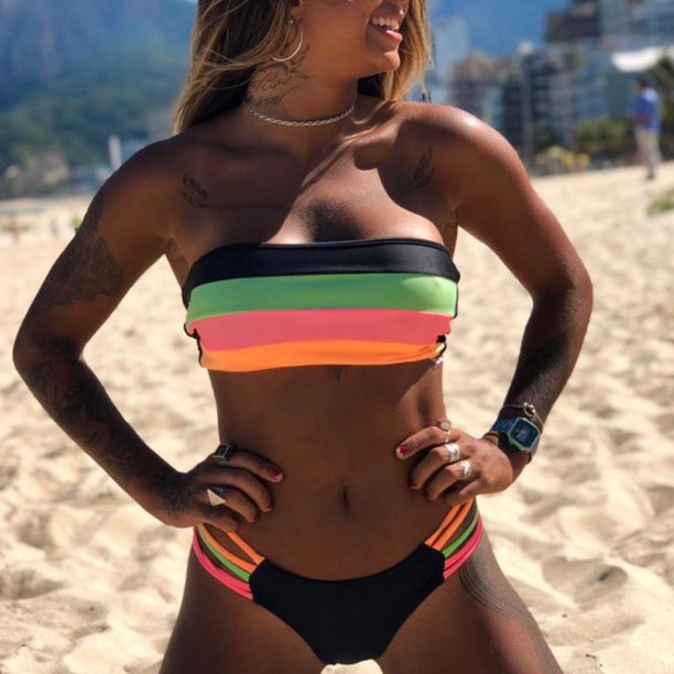 Traje de baño de mujer Bikini sexy dividido Traje de baño de rayas con costura de tela lisa