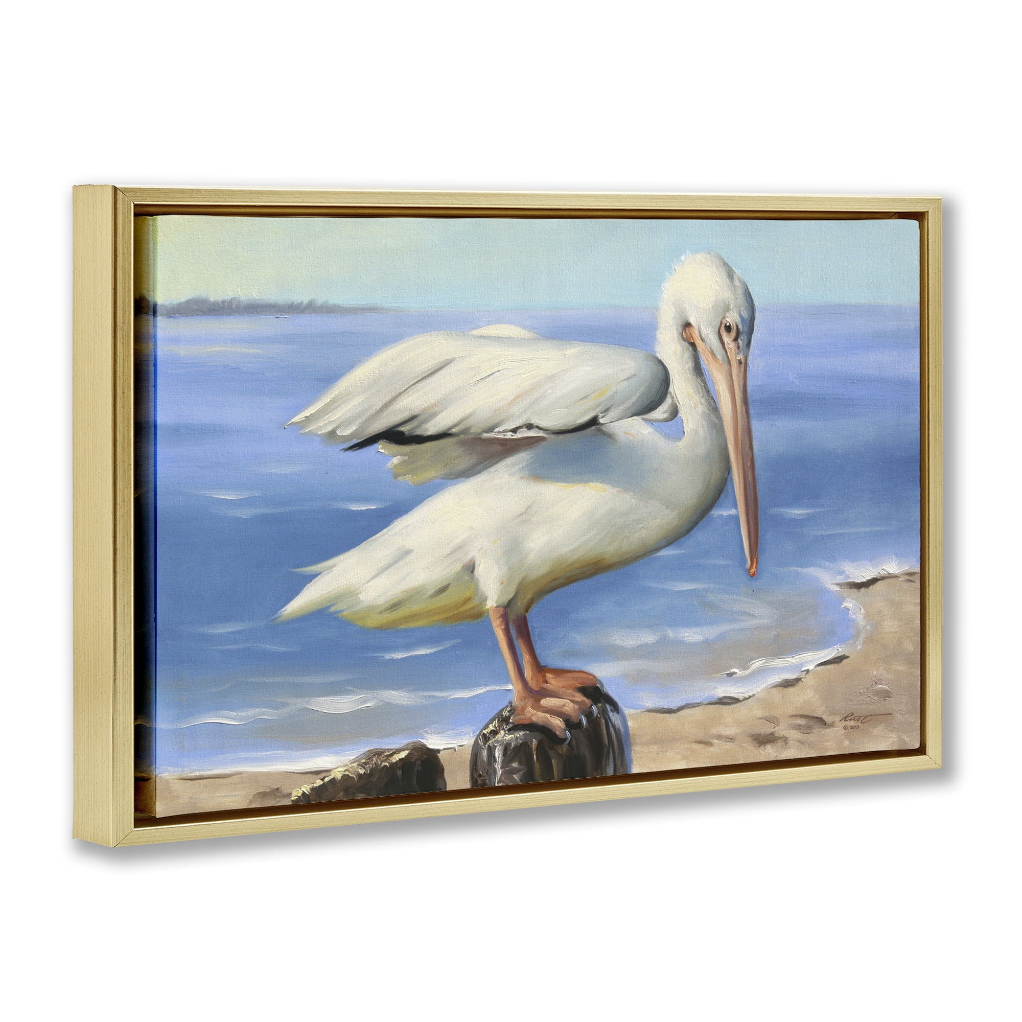 Stupell Industries Beach Scene Pelican Animals & Insects Painting Gold Floater Framed Canvas Art Print Wall Art, 31 x 21