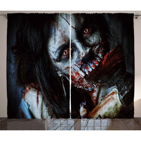 - Zombie Curtains 2 Panels Set, Scary Dead Woman with a Bloody Axe Evil Fantasy Gothic Mystery Halloween Picture, Window Drapes for Living Room Bedroom, 108W X 63L Inches, Multicolor, by Ambesonne