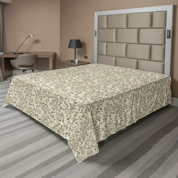 Ambesonne Floral Flat Bedding Sheet Soft Top Sheet, Simplistic Botanical Motifs, Full, Pale Mustard and White