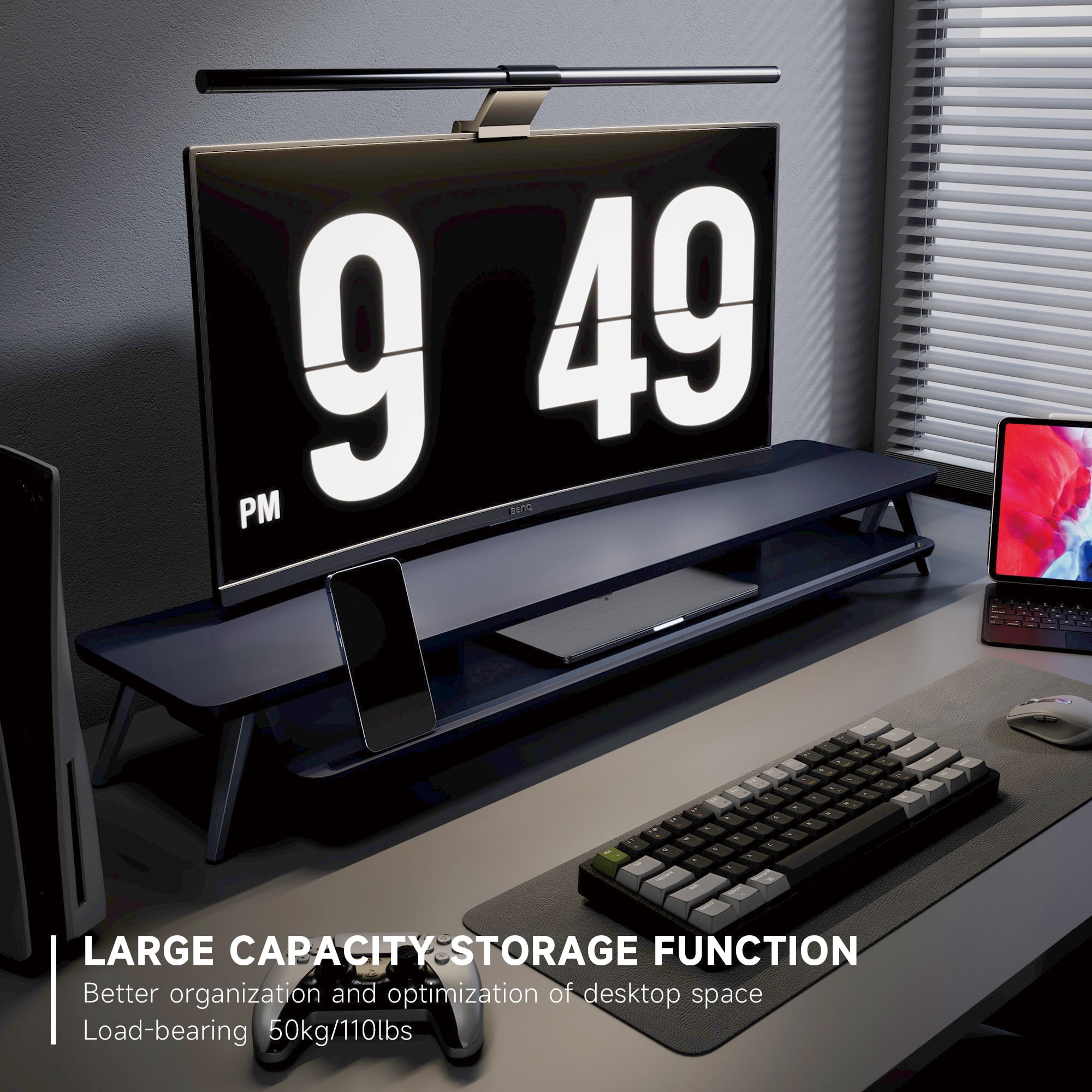Dual Monitor Stand, 42.5 Inch Wood Desk Shelf with Storage Organizer and Cable Management for Office Desk Accessories