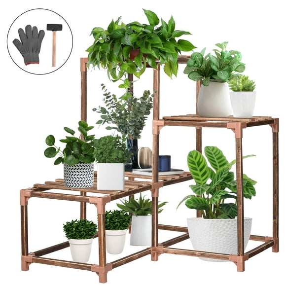 2 Tier Plant Stand, Indoor Outdoor Wood Plant Shelf Plant Rack Holder for Balcony Living Room Patio