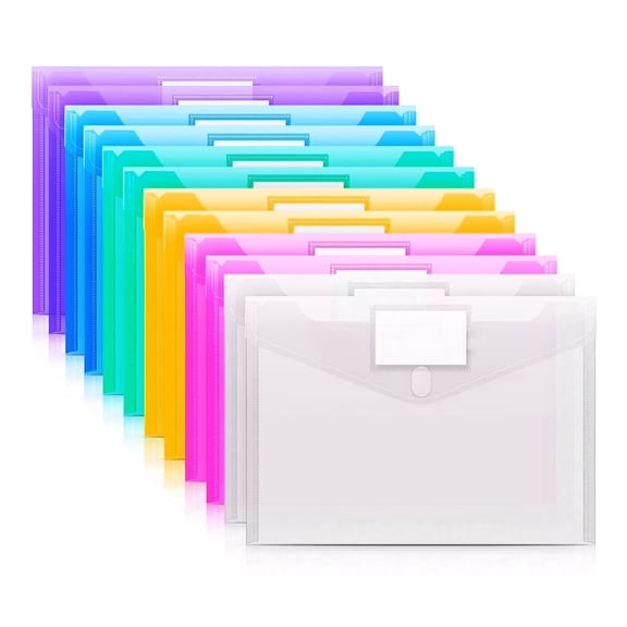 12 Pack Plastic Envelopes Poly Envelopes, Clear Document Folders File Folders US Letter A4 Size File Folder with Label Pocket, Teacher School Office Supplies Organization Storage, 6 Colors,
