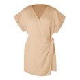 thumbnail image 4 of Summer Saving Wycnly Jumpsuits for Women Dressy Casual Solid Tie Waist Tshirt Short Jumpsuist Overalls Summer V-Neck Short Sleeve Plain Mini Trendy Rompers Beige s, 4 of 7