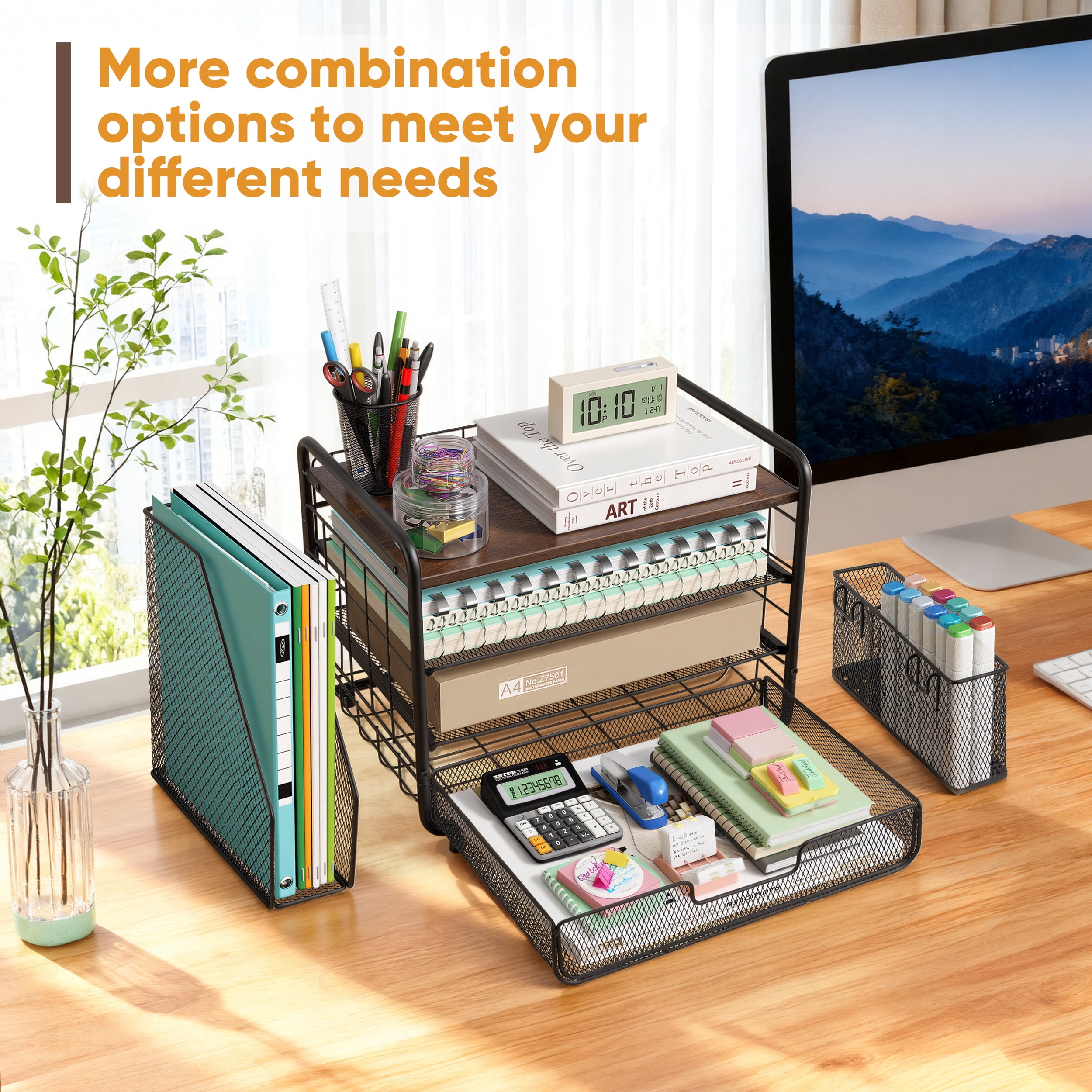YTAKY Desktop Organizer, 4-Tier Metal Desktop File Organizer with Drawer and Pen Holder,Office Supplies