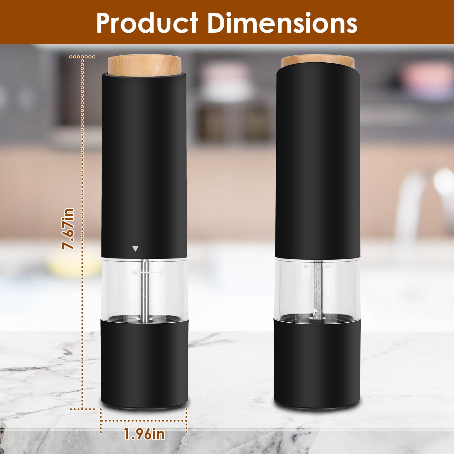2Pack Automatic Salt Pepper Mill Grinder Electric Salt and Pepper Grinder Set Battery Powered with LED Light Adjustable Coarseness for Kitchen Black
