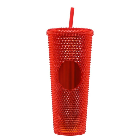YMTQ Studded Tumbler with Straw Double Walled Iridescent Travel Tumbler Straw Cup BPA Free 24oz Capacity Clear Red