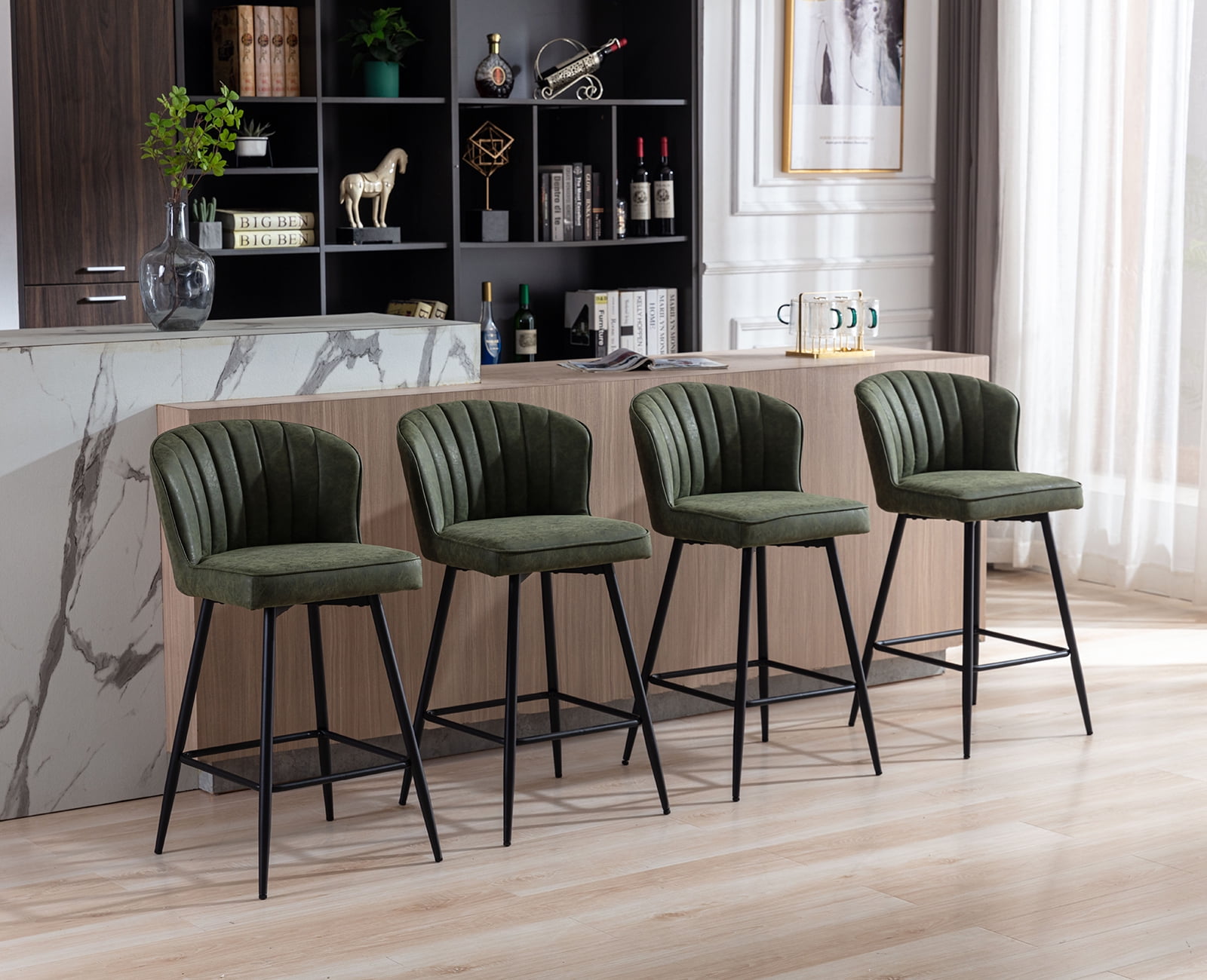 Guyou 26” Counter Height Bar Stools Set of 2, Modern PU Upholstered Kitchen Island Chairs, Barstools with Back and Footrest for Kitchen Island Pub Restaurant, Green