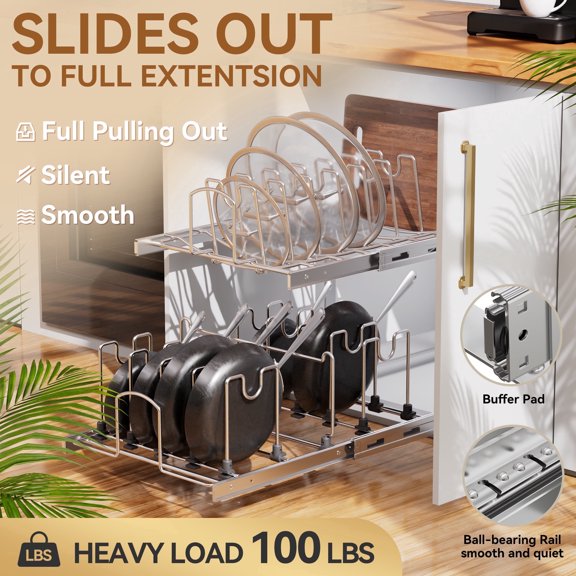 STORING 2-Tier Pull-Out Cabinet Organizer for Pots, Pans & Lids, Adjustable Heavy Duty Wire Rack, Full-Extension 12"W x 22"D