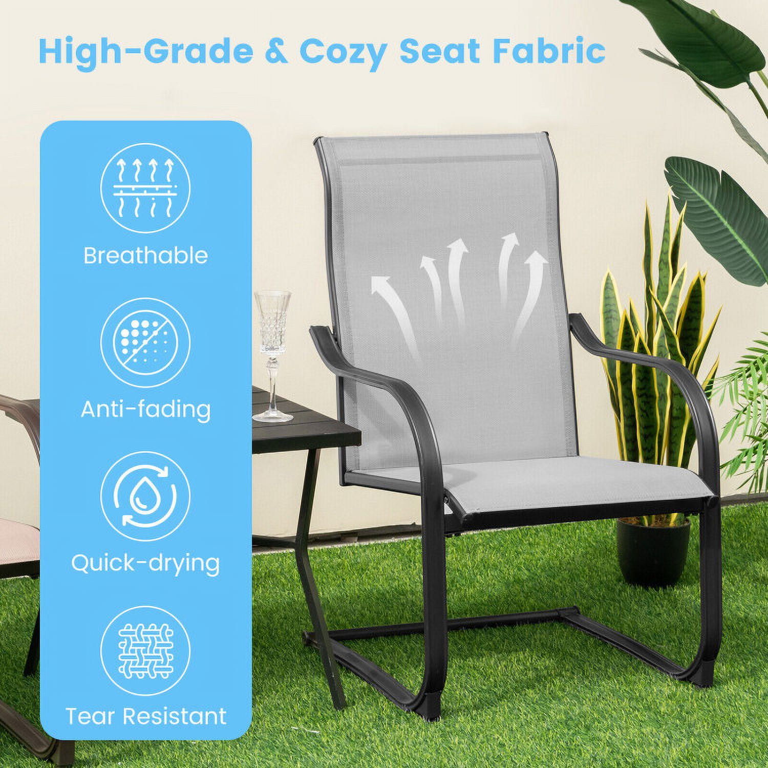 Aimee Lii 2 Pieces C-Spring Motion Patio Dining Chairs with Breathable Fabric, Outdoor Patio Set, Gray
