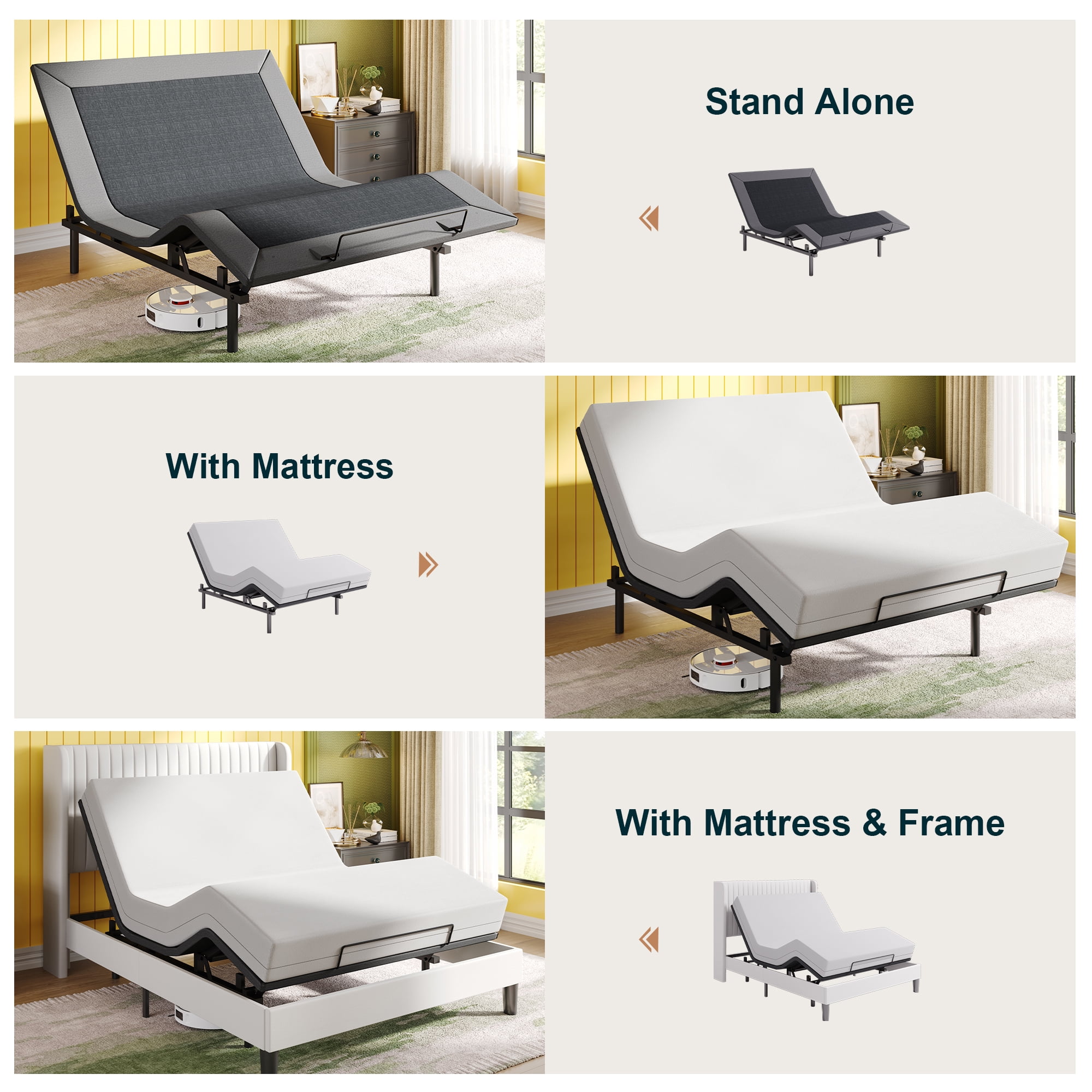 Amolife Basic Queen Size Ergonomic Adjustable Bed Frame Base with Upgraded Motor 2.0, Independent Head & Foot Incline, Wireless Remote Control, Base Only