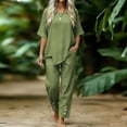 thumbnail image 5 of Bloomae Two Piece Cotton Linen Outfit Sets for Women Lightweight Casual Summer Short Sleeve Irregular Hem Tops Drawstring Elastic Waist Button Ruched Bottom Pants Trendy Matching Lounge Set Green M, 5 of 7