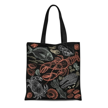 SIDONKU Canvas Bag Resuable Tote Grocery Shopping Bags Seafood Fish Shrimp Crab Lobster Octopus Mollusks Sushi Color Black Vintage of F Tote