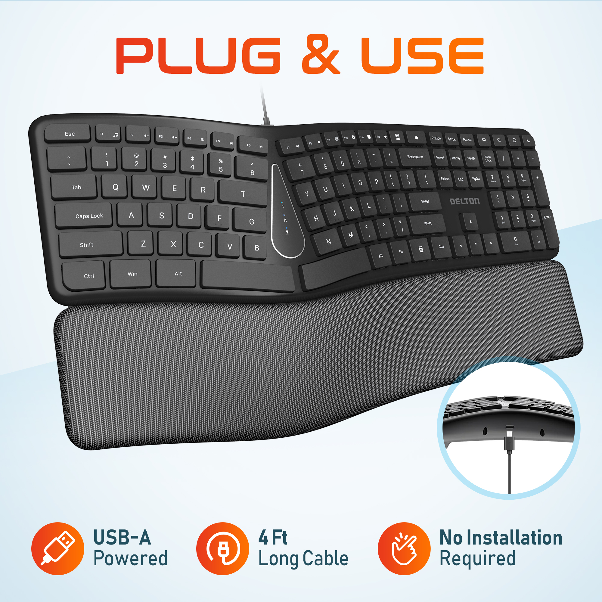 Delton KB250 Ergonomic Wired Keyboard, Curved Keyboard with Wrist and Palm Rest, Natural Typing Full-Size Split Computer Keyboard, Compatible for Laptop/PC/Tablets/iMac - Black