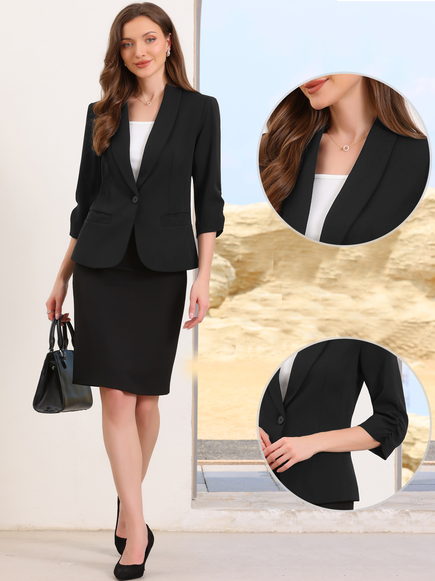 DARING DIVA Women's 3/4 Sleeve Shawl Lapel Work Blazer with Pockets XL Black