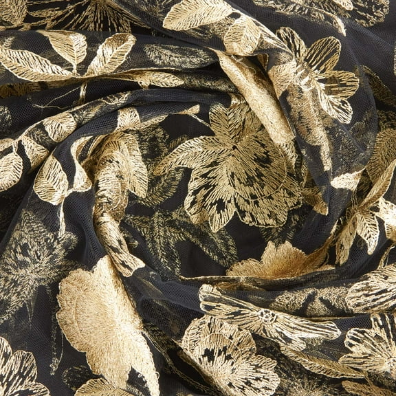 Zelouf Foliage Embroidery Mesh , Sewing, DIY, Crafts Fabric by the Yard, Black/gold, 3 Yard