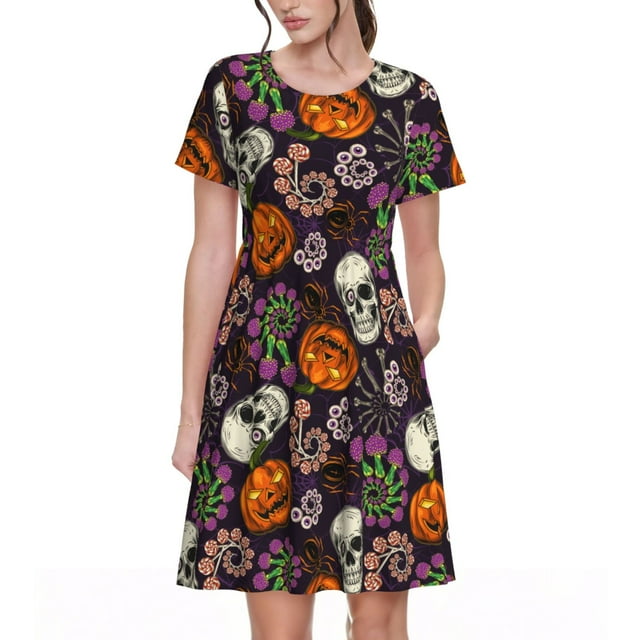Fotbe Halloween With Skull Vestido Largo de Moda para Mujer, Vestido Tipo Camiseta con Manga Corta y Estilo Casual a Rayas y Bloques de Color