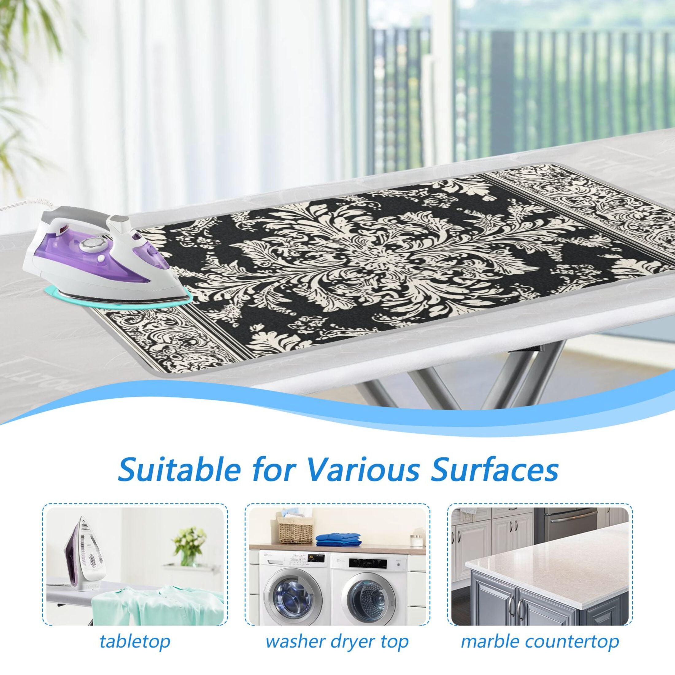Black and White Paisley Flowers Pattern Ironing Mat Blanket Portable Travel Ironing Pad Heat Resistant Pad 47.2" x 27.6”