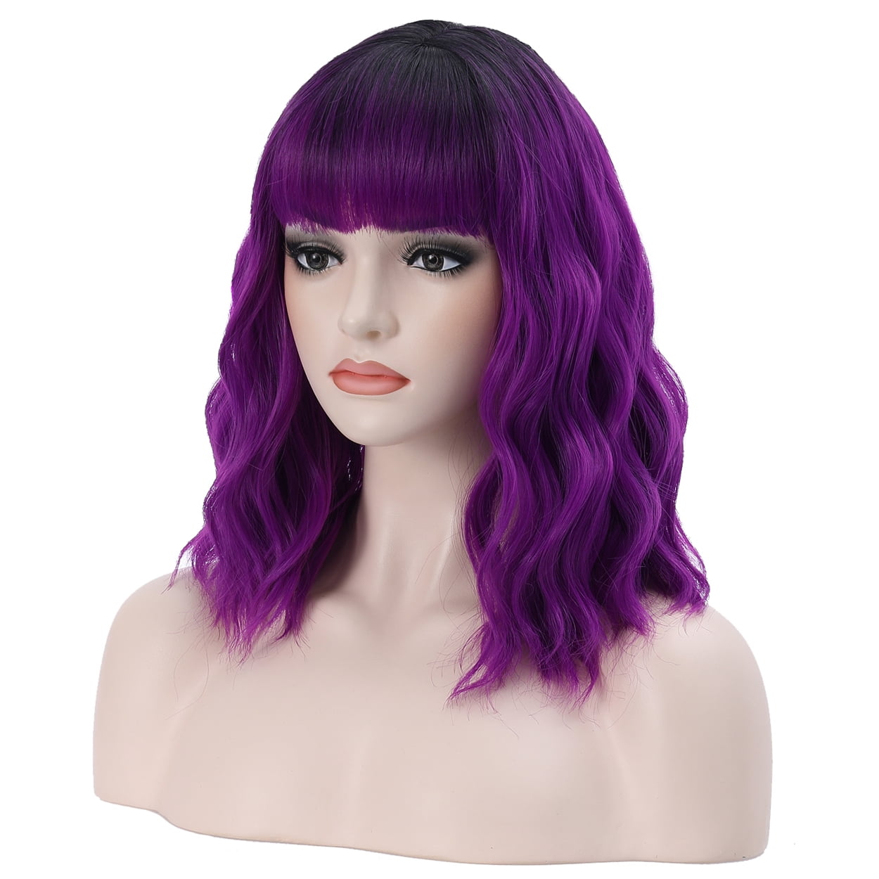BERON Black Ombre Purple Wigs Short Curly Bob Wig with Bangs Wavy Hair Wigs 14 Inches Women's Synthetic Wigs Daily Party Use