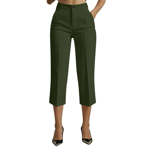 Gfyviroh Dressy Capri Pants for Women High Waist Straight Leg Business Pants Elegant Solid Lightweight Cropped Slacks
