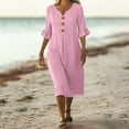 thumbnail image 6 of ClodeEU Women's V Neck Short Sleeve Flutter Sleeve Button Midi Dress with Pockets,Solid Color Casual Loose Fit Summer Dress Pink,Women's Plus XXL, 6 of 8