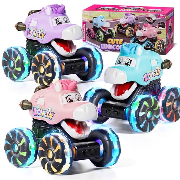 3 Pack Monster Truck Toys, Toy Truck with Flashing LED Wheels, Unicorn Toys, Toddler Toy Car, Press & Go Cars, Toddler Toys 1-3 for Boys Birthday Gift