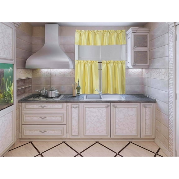 3 PIECE YELLOW K3 KITCHEN RESTAURANT BATHROOM WINDOW TREATMENT CURTAIN BLACKOUT PANEL ROD POCKET INCLUDES 2 TIER PANELS 30" WIDE X 36" LONG" EACH PANEL   1 VALANCE 60" WIDE X 14" LONG