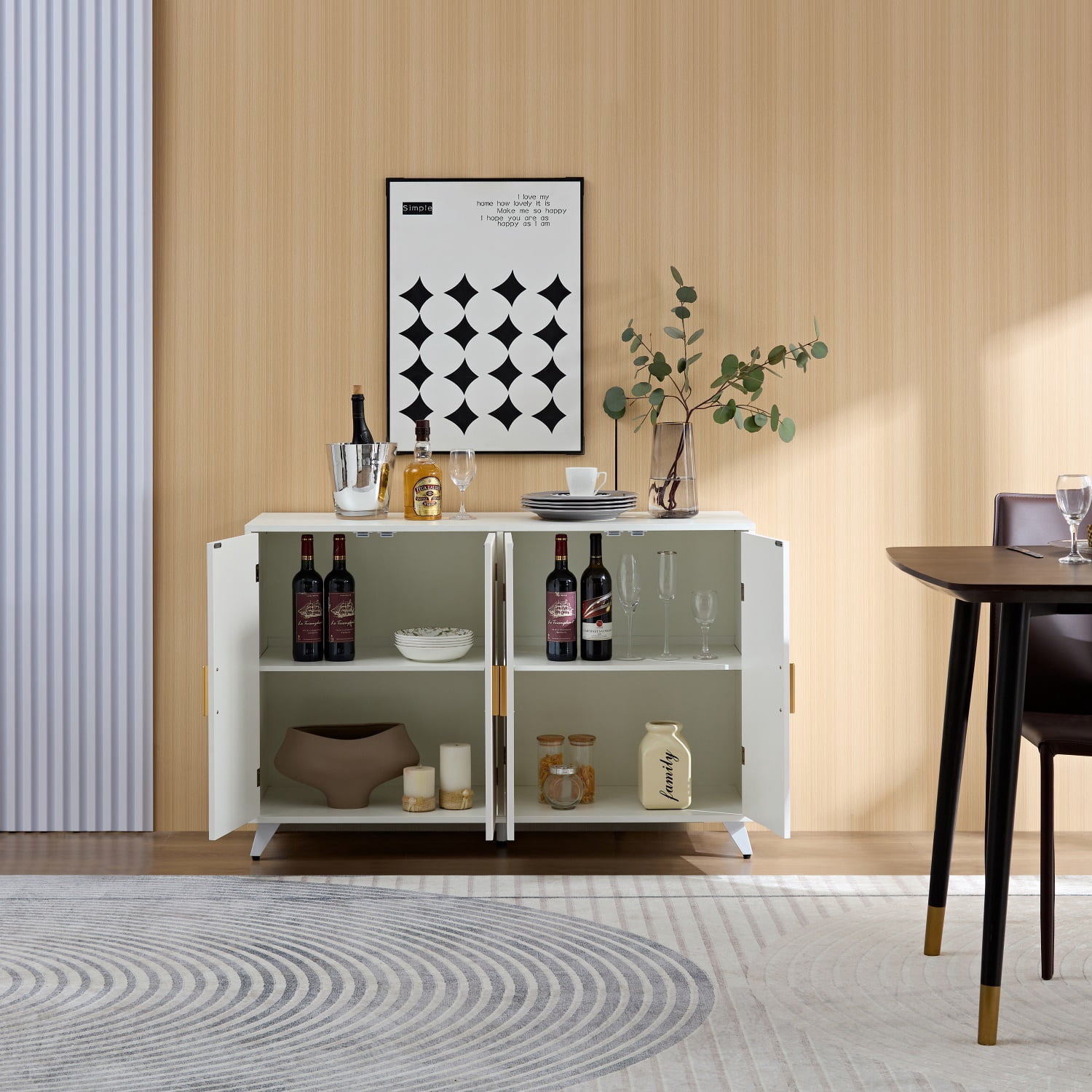 Hommoo Wavy Texture Sideboard Buffet Cabinet with 4 Doors and Removable Shelves, Accent Cabinets Coffee Bar Cabinet, Modern Multifunctional Storage Cabinet for Home, Ivory White