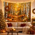 thumbnail image 3 of Birch Forest Path with Golden Foliage and Pumpkins on Leaves, Cozy Rustic for Nature Lovers, Autumn Woodland Art Print, Thanksgiving Gift, Tapestry Wall Hanging for Bedroom and Living Room, 3 of 7