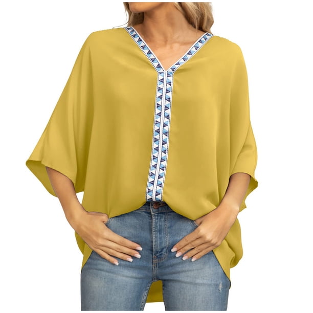 Blusas de gasa con cuello en V para mujer, blusas sueltas informales de verano de manga corta con alas de murciélago Fridja ghk5479