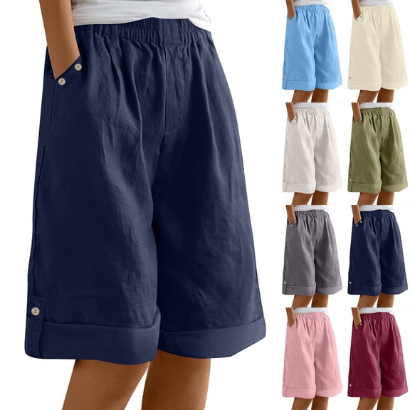Tqyyweavej Women's Bermuda Shorts 14" Knee Length Folded Hem Solid Color Shorts Wide Leg Elastic Rised Shorts with Pockets Size S to 2XL