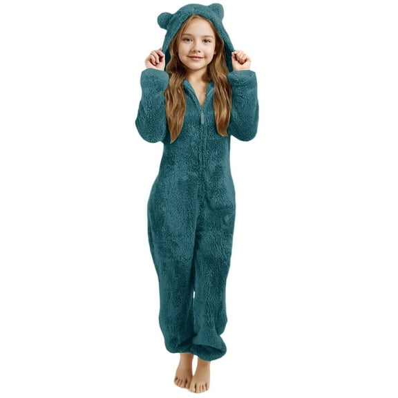 Hooded Romper Jumpsuit with Ears Soft Warm Pajamas Playwear for Kids Winter Loungewear,GN1,11-12 Years