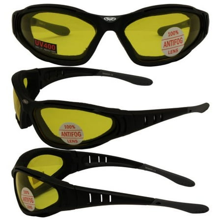- ULTRA MATTE BLACK PADDED MOTORCYCLE GLASSES ANTI-FOG YELLOW LENSES