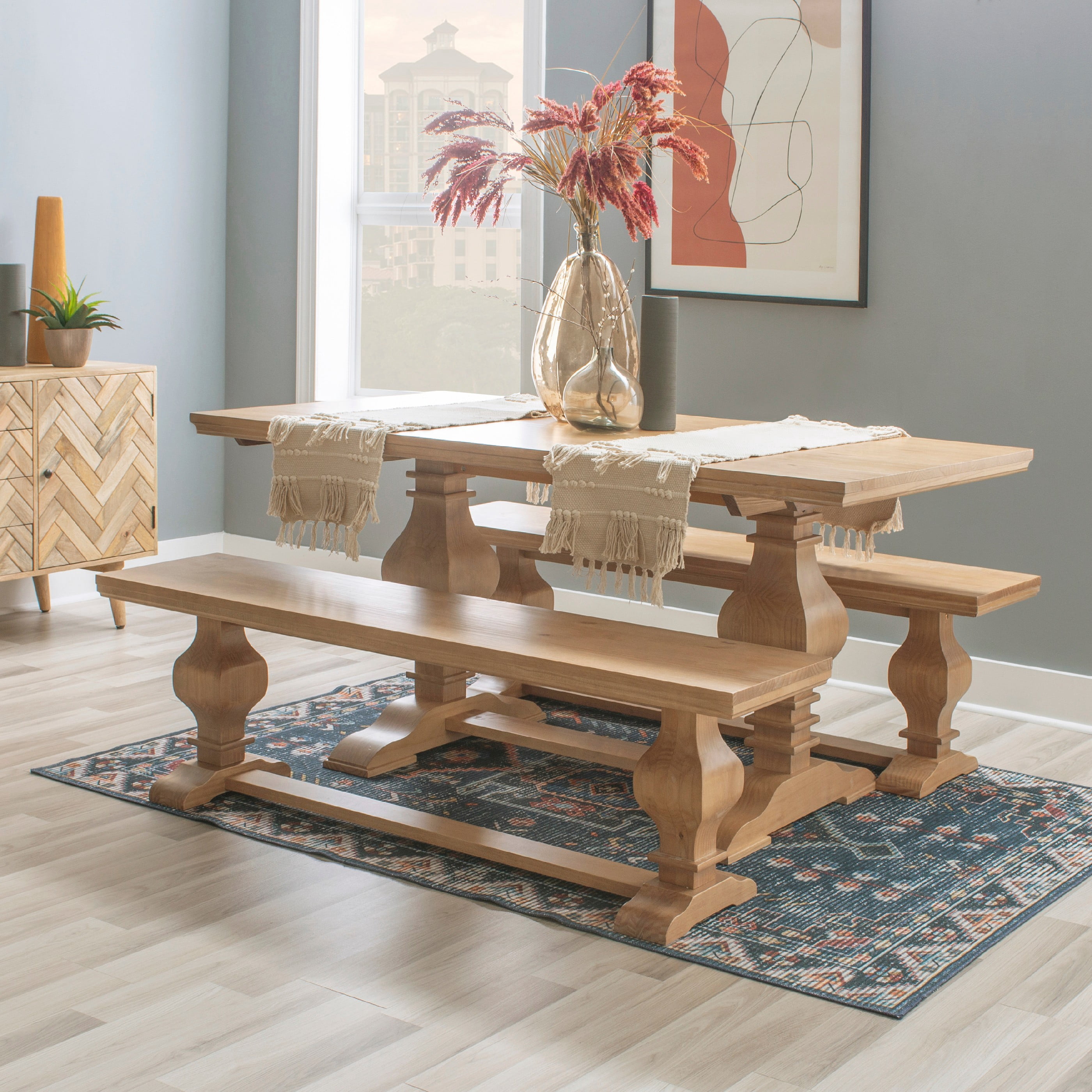 Powell Balasco Farmhouse Indoor Solid Wood Double Pedestal Dining Table, Rustic Honey