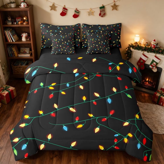 Manfei Light Twin Bedding 7pcs Christmas Bedding Comforter Set, Navy Silver, Black Reversible