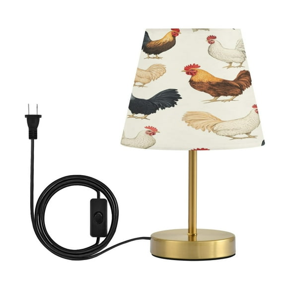 Modern Minimalist Cone Desk Lamp Antique Bronze Base & Linen Shade Bedside Table Lamp for Bedroom Living Room, Office, Dorm Chickens Pattern Medium