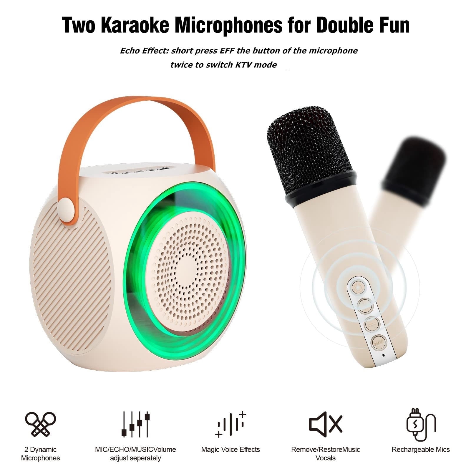 Mini Karaoke Machine for Kids Adults, Portable Karaoke Speaker with 2 Wilreless Microphones and Bluetooth for Home Party, Birthday Gifts for Boys/Girls,Beige