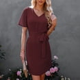 thumbnail image 2 of Vestido cruzado con nudo en la cintura, vestido informal de verano con manga corta y cuello en V para uso diario, vacaciones, playa, rojo vino S, 2 of 5