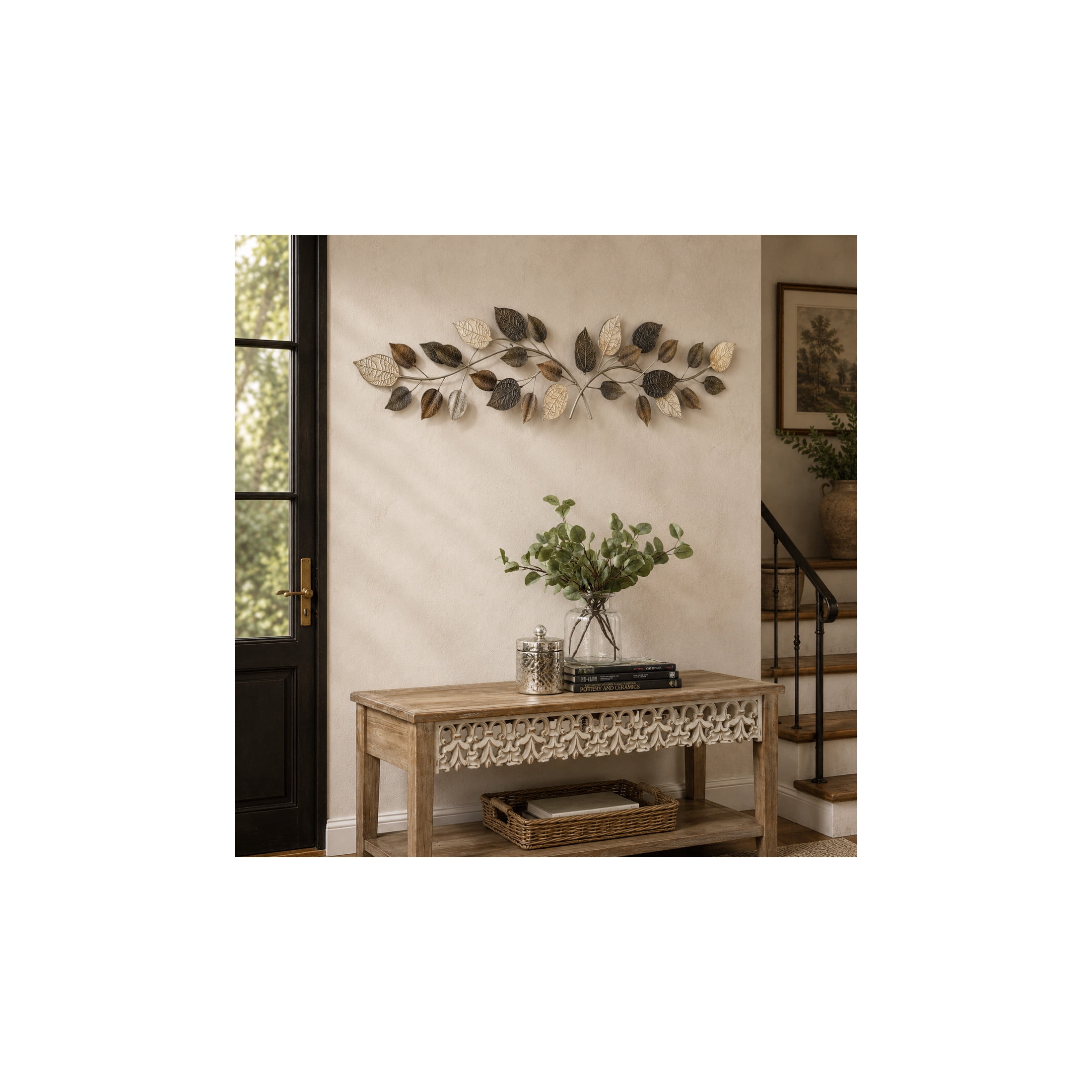 DecMode Timeless and Traditional Metal Leaves Wall Décor in Brown, 50"L x 15"H,