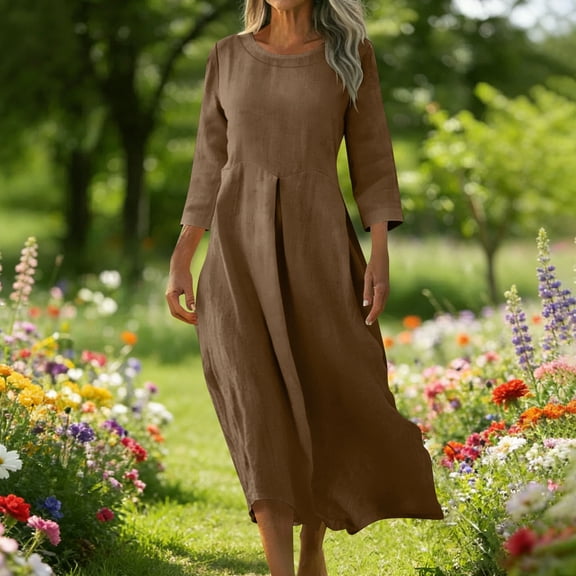 Ynynloco Women Linen Blend 3/4 Sleeve Crew Neck A Line Maxi Dress – Casual Loose Fit Prairie Dress for Vacation Daily Wear