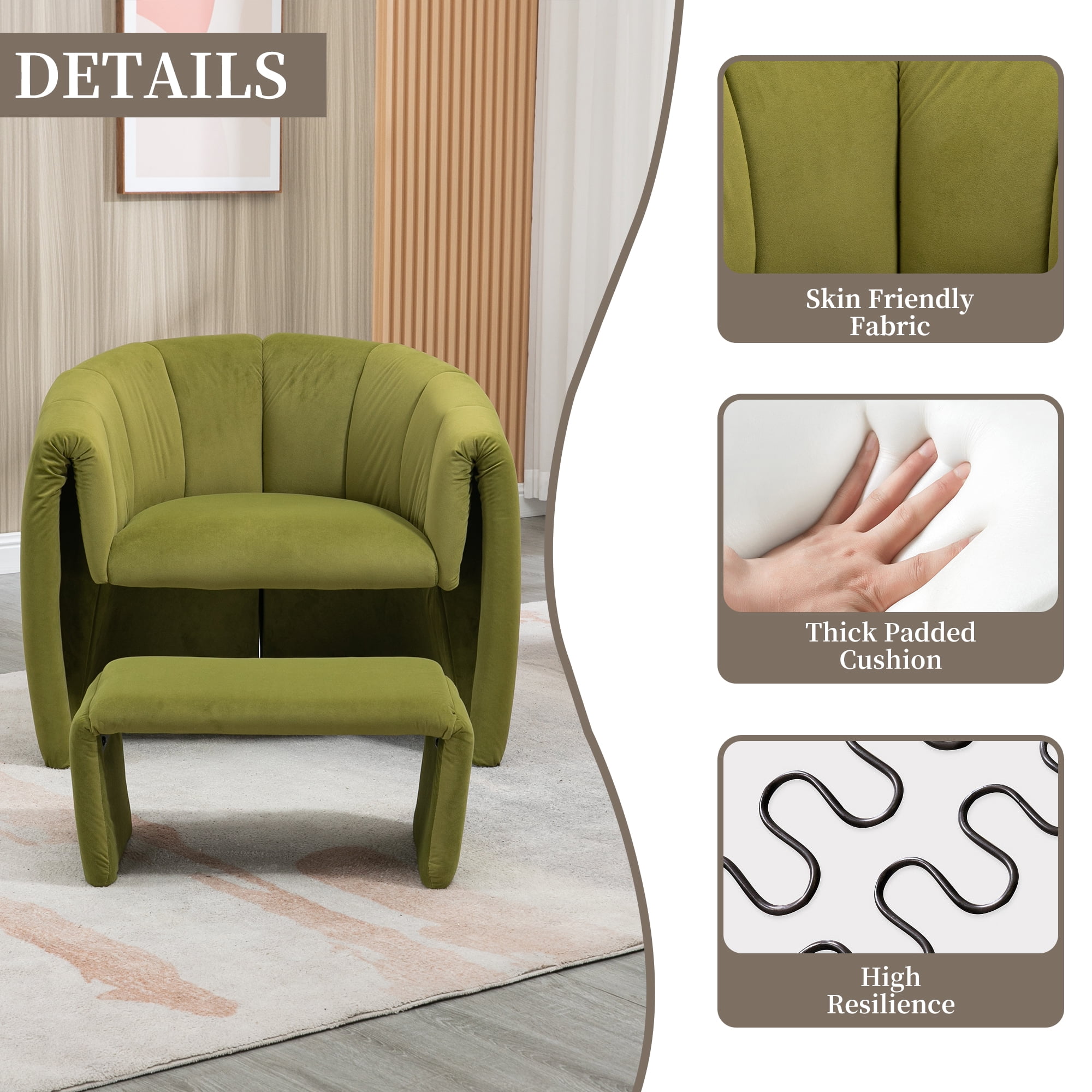 MOONMISS Velvet Upholstered Mid Century Modern Barrel Chair with Ottoman-Olive Green