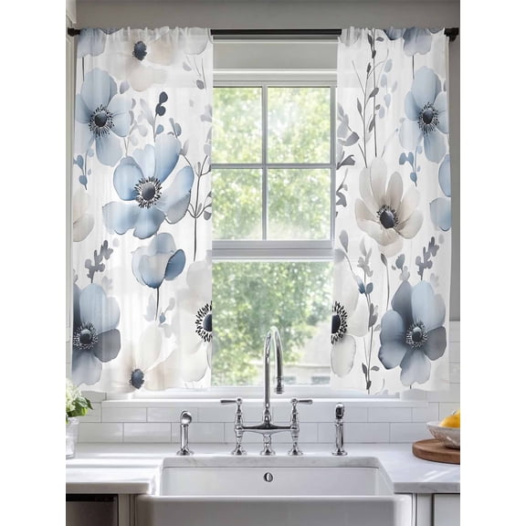 Spring Floral Sheer Curtains 72 Inches Long 2 Panels Watercolor Grey Blue Flower Retro Light Filtering Semi Sheer Window Curtains Drapes for Bedroom Living Room 52"x72"
