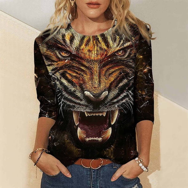 Puntoco Blusa informal de manga larga con cuello redondo y estampado de animales novedosos para mujer Puntoco Puntoco-1319