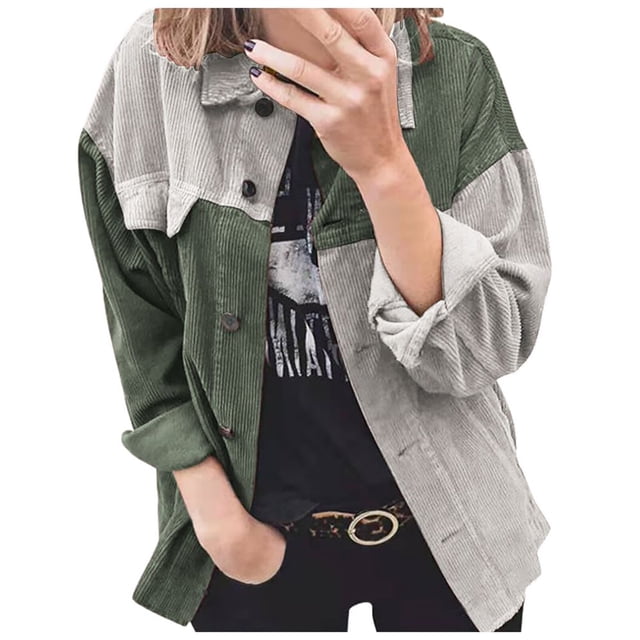 Ladies Corduroy Buttoned Cardigan Long Sleeve Lapel Loose Splicing Shirt Jacket